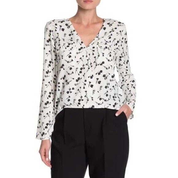 Abound Tops - Abound Faux Wrap Blouse XL White Black Floral Surplice V-Neck Pocket Long Sleeve